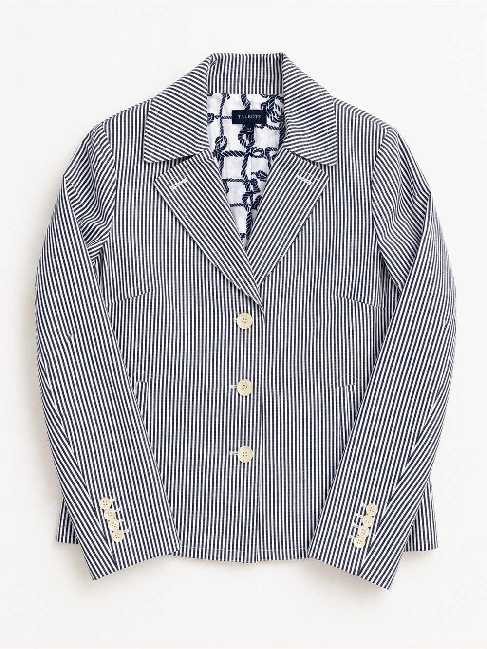 Talbots Navy White Seersucker Pinstripe Blazer Women’s Size 14 Coastal Preppy